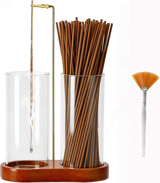 Incense Holder with 2 High Glass Bottle,Wooden Base Incense Stick Holder for Desktop,Incense Burner for Ash Collection,Ash Container