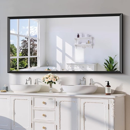 Black Bathroom Mirror 60 x 30 Inch Rectangle Wave Beveled Frame for Wall Bathroom Vanity Mirror for Over Sink, Tempered Glass,for Entryway Hangs, Bathroom Living Room Horizontal or Vertical