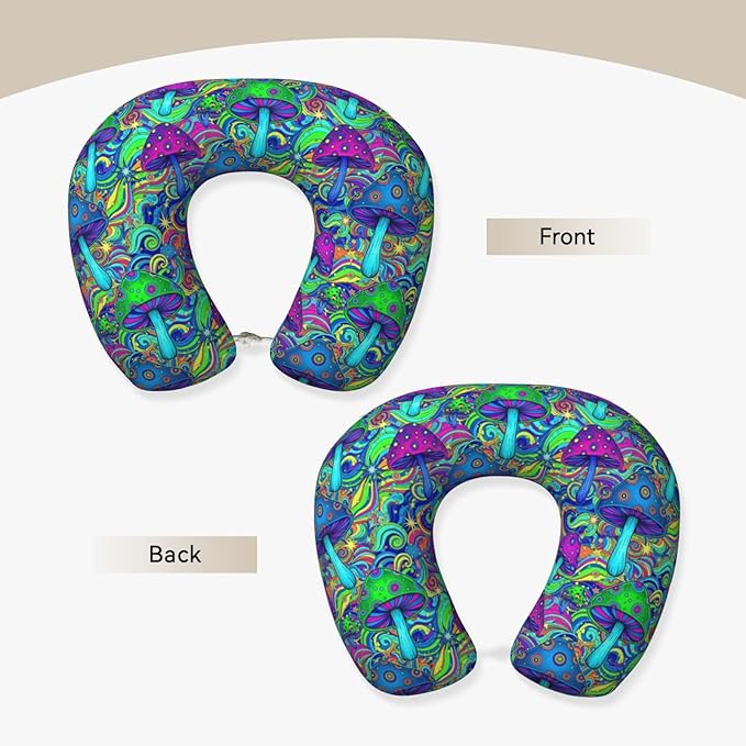 Comfortable Travel Pillow for Pain Relief Sleeping, Memory Foam Airplane Car Neck Pain Pillows Trippy Stoner Magic Mushrooms Art, Funny Chin Head Support Cushion
