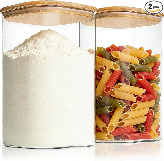 KEYWING 1.2 Gallon Glass Flour Storage Containers with Bamboo Lids, Set of 2 Large Square Pantry Jars, Big Wide Mouth Canisters for Sugar, Rice, Cereal, Beans, Cookie & Dry Goods