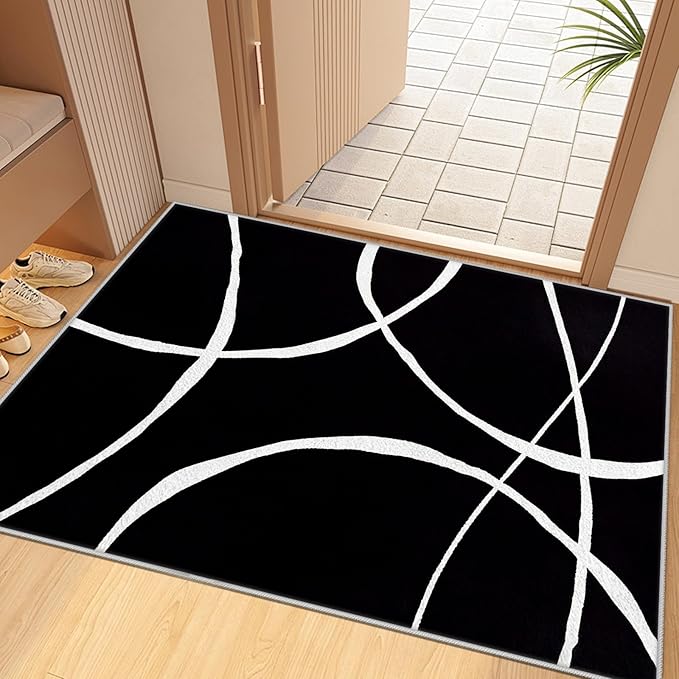 Black and White Rugs, Abstract Rug, Modern Minimalist Rug, Curved Line Design Carpet, Black and White Abstract Rugs for Washable Non Slip Living Room Home Decor 4x6