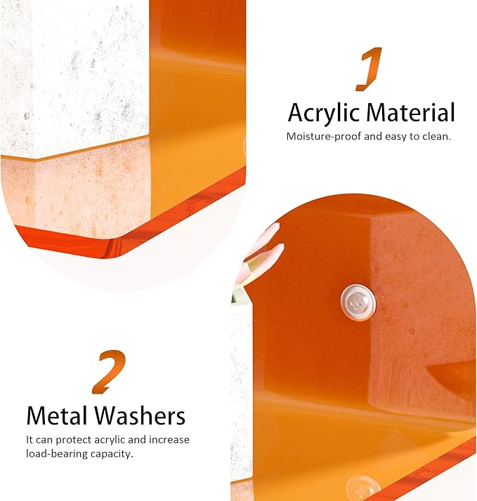Sezanrpt 9 Inch Orange Wall Shelves, Acrylic Wall Mounting Ledges Display, Acrylic Display Wall Shelf for Funko Pop Figures, Collectibles, Plants, Décor, Toiletries, Spices, 2 Pack