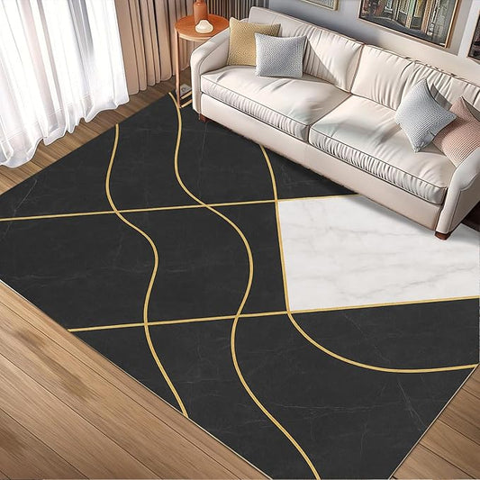 Geometric Marble Rug - 3x6 Runner Rug, Abstract LinesLuxury Marble Bedside Rugs, Washable & Non Slip Carpet Home Decor