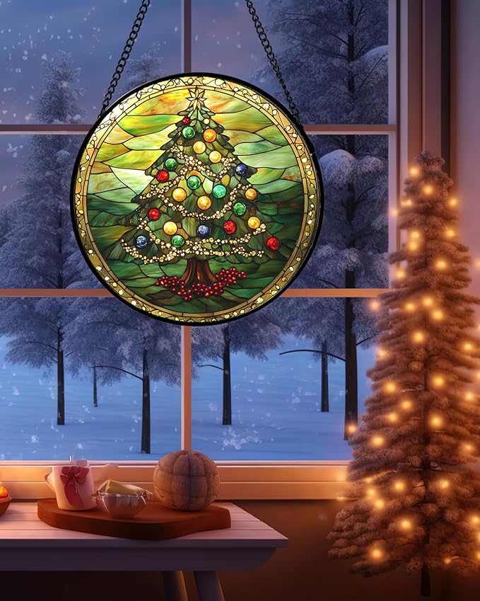 Stained Glass Window Hanging - Green Christmas Tree Gold Ribbon Suncatcher for Doors Home Christmas Decoration Sun Catcher Thanksgiving New Year Birthday Gifts for Women Men Mom Nana 11.8 in