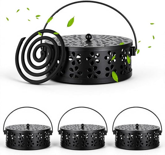 4 Pcs Mosquito Coil Holder Incense Coil Holder, Retro Iron Portable Hanging Outdoor Incense Burner Holder with Handle Round Metal Incense Holder for Home Camping Indoor Outdoor Patio (Black)