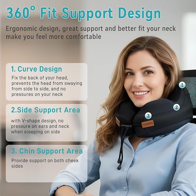Travel Pillow with Hood, Memory Foam Airplane Neck Pillow for Long Flight, Soft, Comfort Portable Travel Neck Pillow for Flight, Drive, Work, Rest, with Storage Bag