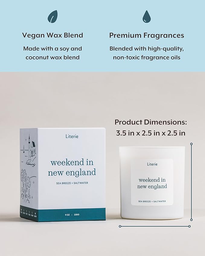 Literie NYC Inspired Scented Candle: Weekend in New England - Sea Breeze & Saltwater Scent, 9oz, 50 Hour Burn, Vegan Soy & Coconut Blend Candle for Home Decor, Gift for Women & Men