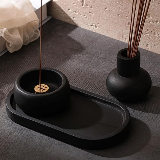 Concrete Incense Burner Set with Holder and Tray,Multifunction Incense Holder for Burning Sage,Palo Santo,Incense Sticks,Ideal for Meditation Home Decor(Black)