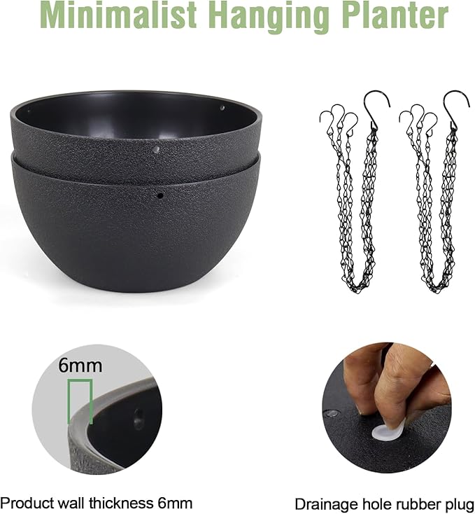 12 inch Large Hanging Planters for Indoor Outdoor Plants, 2 Pack Hanging Flower Pots with Drainage Holes and Chain for Garden Porch, Plastic Hanging Baskets for House Plants, Black