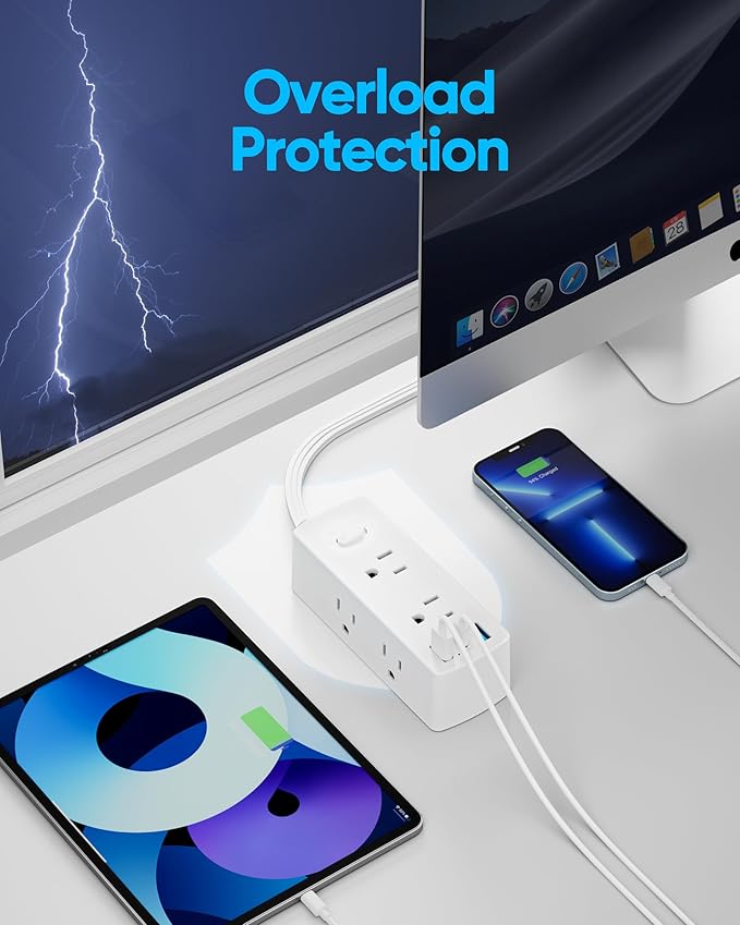 Flat Extension Cord 20ft, Olcorife Flat Plug Power Strip with 6 Outlets 3 USB Ports(1 USB C), 3-Side Outlet Extender Surge Protector for Home Office Dorm Room Essentials, White