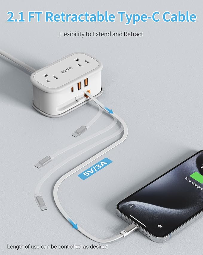 European Travel Plug Adapter, US to Europe Plug Adapter 2 Outlets 3 USB Ports, 5ft Power Cord with USB C Cable, Type E F Plug Adapter for US to Most of Europe Iceland Spain Italy France