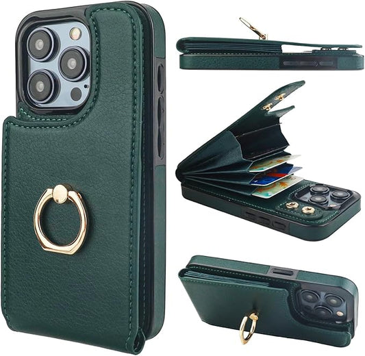 Folosu Compatible with iPhone 15 Pro Case Wallet with Card Holder, 360°Rotation Finger Ring Holder Kickstand, RFID Blocking Leather Protective Double Buttons Shockproof Cover 6.1 Inch Dark Green