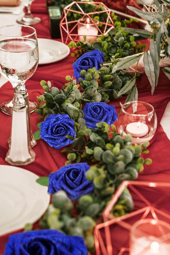 N&T NIETING Artificial Flowers Glowing Navy Blue Flowers Foam 25pcs Glitter Roses Real Looking Fake Roses with Stem for DIY Wedding Bouquets Centerpieces Bridal Shower Party Home Decorations