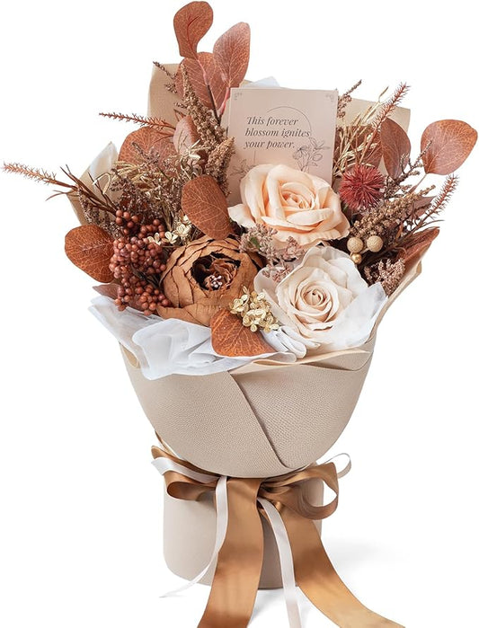 TINGE TIME Preserved Flowers Bouquet, Flowers for Delivery, Birthday Gifts for Women, Eternal Roses Bouquet for Grandma Wife Anniversary (Nude Color & Pale Coffee)