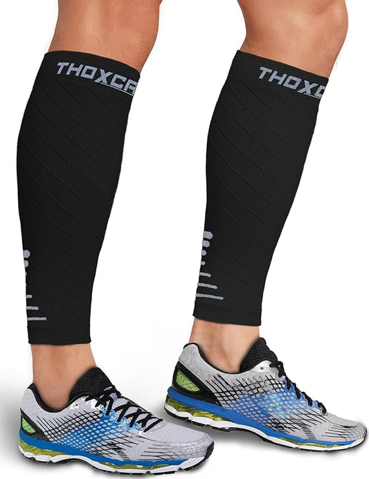 Thoxcare Calf Compression Sleeve for Men Women (1 Pair), Leg Support Footless Compression Socks for Running - Shin Splint Varicose Veins Swelling & Pain Relief, Black/Gray, X-Large