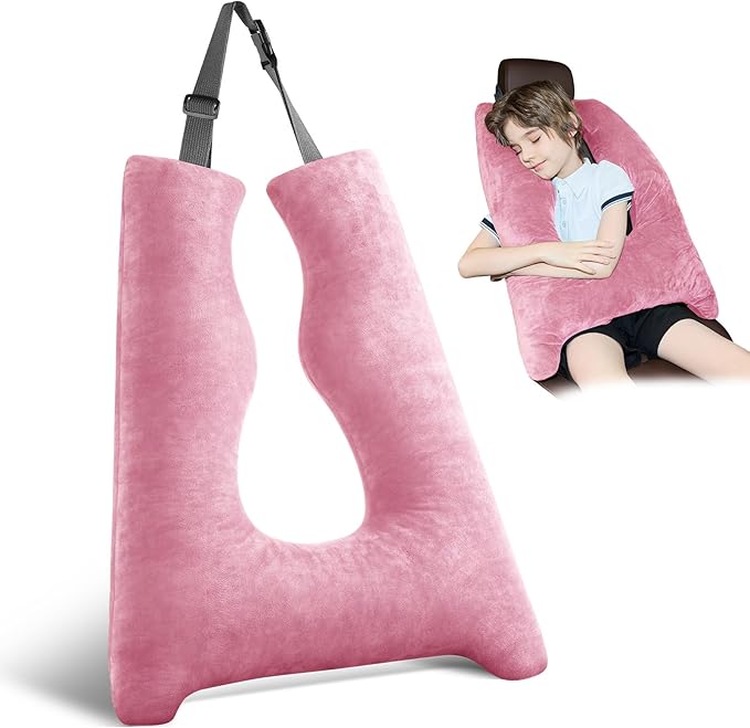 Car Pillow for Kids, Travel Pillow with Adjustable Strap, U-Shaped Pillow for Adults and Children to Support Head and Body Road Trip Essentials (Pink)