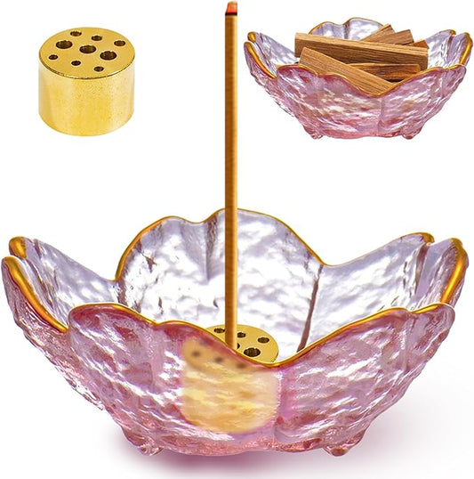 Incense Holder for Sticks, Glass Backflow Incense Burner with 9 Stick Holes, Handmade Cherry Blossom Incense Holder with Ash Catcher for Meditation, Yoga, Home Decor (with Gilt-Edged)
