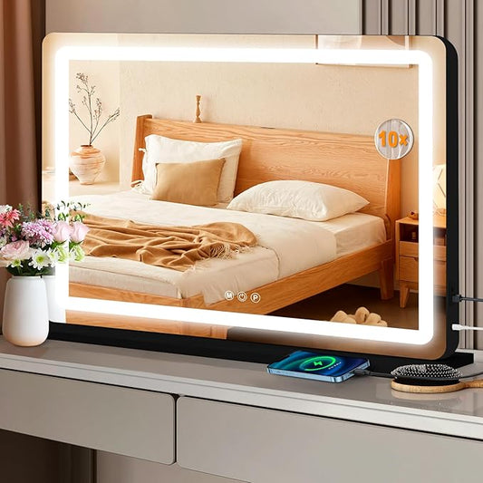 Vanity Mirror with Lights, Led Makeup Mirror, Lighted Makeup Mirror with 3 Color Dimmable Lights, Smart Touch Screen Control, Aluminum Metal Frame,USB Charging Port