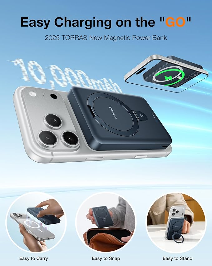 TORRAS EasyGo 10000mAh Magnetic Portable Charger Power Bank for iPhone, Fast Charging Travel Essential Wireless Battery Pack with Stand Compatible with Magsafe,17 Pro Max,Pro,16,15,14,13,12, Deep Blue