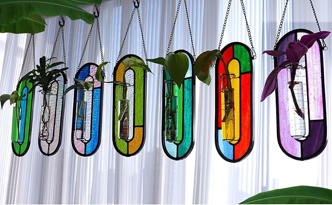 LITMIND Stained Glass Hydroponic Plants Propagation Station, Hanging Planter Terrarium - Perfect for Home & Garden Decor, Includes 2 Glass Propagation Tube