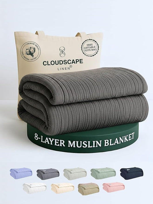 Cloud Scape Linen 8-Layer Muslin Blanket King Size for Adult - 100% Cotton, Breathable and Soft, Perfect Winter Cozy Blanket, Fits up to California King Bed, 92x108, Dark Grey