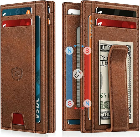 Gtwup Wallet for Men 14-16 Cards, Men's Leather Wallet, Minimalist Thin Card Holder RFID Blocking Money Clip with Simplified Bill Folder & Magnetic Closure, Gifts for Men, Brown