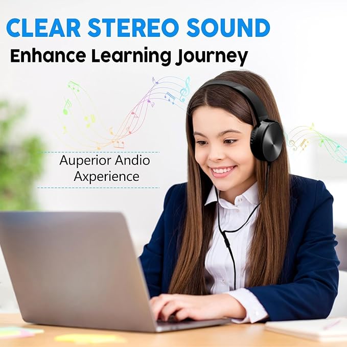 Bulk Kids Headphones for School Classroom 5-Pack,Durable Wired On-Ear 3.5mm Plug for Kids,Students,Computer,Kindle Fire,Chromebook,Laptop,Mobile Phone-Black