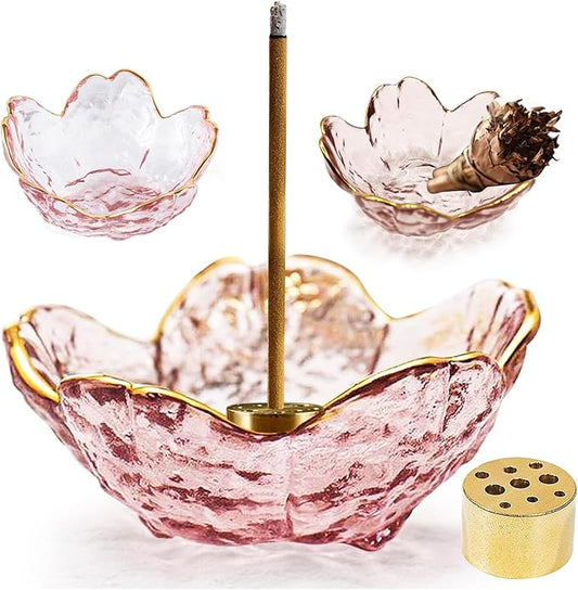 Incense Holder for Sticks and Backflow Incense, Handmade Glass Cherry Blossom Incenses Stick Holder with 9 Incenses Holes Incenses Burner Ash Catcher Ideal for Incense Burning, Home & SPA Decor