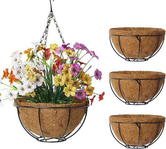 3-Pack Hanging & Wall-Mounted Plant Baskets with Natural Coconut Fiber Liner, Decorative Planters for Home Garden Patio Yard (3Pack FlatHanger, 10Inch)