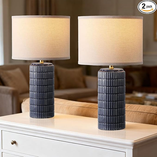 Modern Ceramic Table Lamp Set of 2, Bedside Lamp for Bedroom Decor, Nightstand Lamp with 3 Color Temperatures, Desk Light for Living Room Dorm Office, Blue