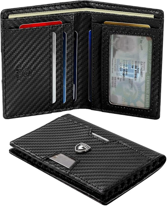 GSOIAX Wallet for Men Slim RFID Blocking Front Pocket Bifold Wallet Leather Money Clip 10-12 Cards Mens Wallet with ID Window Thin Minimalist Credit Card Holder Birthday Gifts for Men Carbon-Black