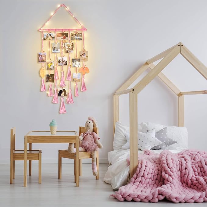 Hanging Photo Display Wall Decor, Pink Macrame Wall Hanging Boho Room Bedroom Decor, Picture Frame Collage with Remote Light & 30 Clips, Christmas Teenage Teen Girl Gifts Ages 10 11 12 13 14 Years Old