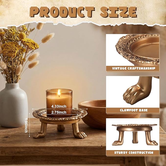 2 Pack Brass Color Candle Holder Pedestal Dish Stand Gold Vintage Tray Clawfoot Plate Decor for Jewelry Wax Ring Trinket