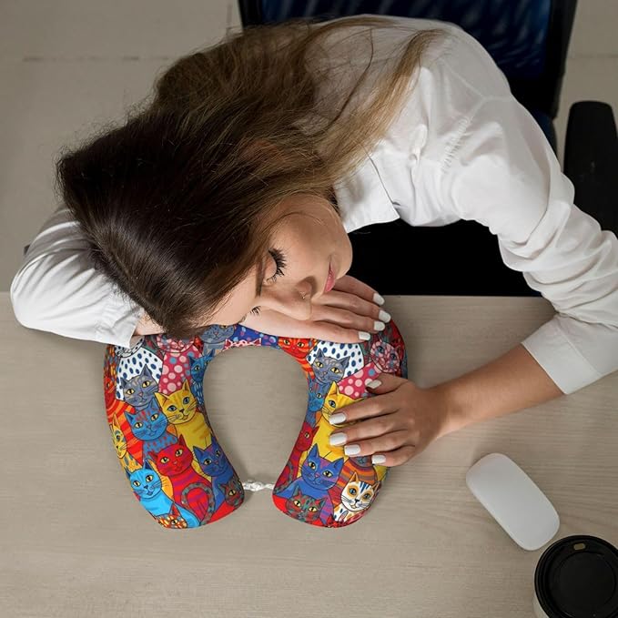 Neck Pillows for Travel Colorful Cats Painting, Women and Men Airplane Car Pillow, Neck Support U Shaped Pillow for Rest Pain Relief Sleeping