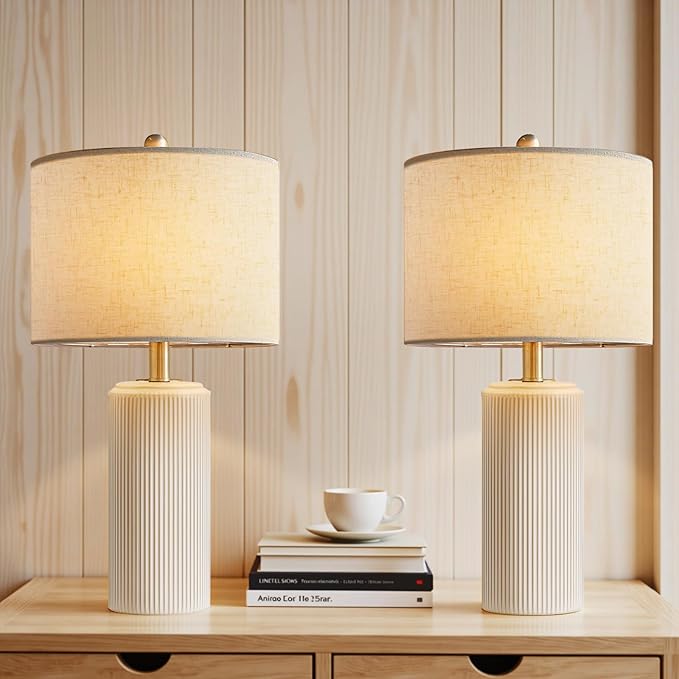 23" Ceramic Table Lamp Set of 2, 3-Level Dimmable Farmhouse Bedside Lamps for Bedroom, Nightstand Lamps for Living Room, Rustic End Table Desk Lamps with Rocker Switch, LED Bulb Included