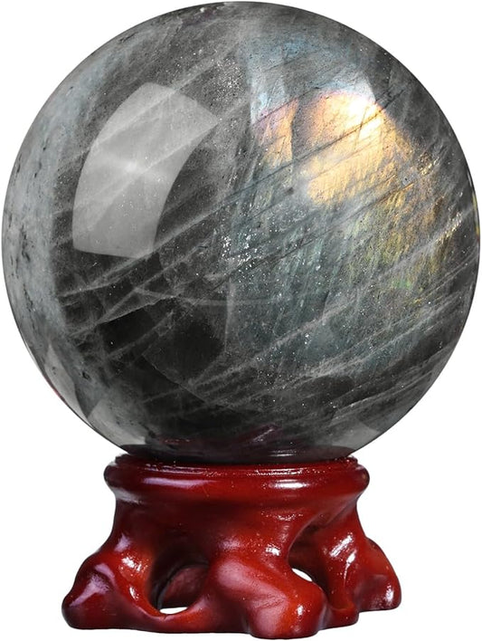 mookaitedecor Natural Labradorite Crystal Ball with Resin Stand, Decorative Stone Sphere Ball for Feng Shui Meditation Divination Home Decor, 2.4-2.76 Inch (61-70 mm)