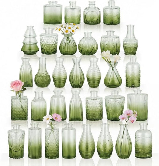 BEAHOT 32 Pack Bud Vase in Bulk,Mini Green Vintage Glass Flower Vases for Centerpieces,Wedding Decor,Party & Home Decaration,Mother's Day (Green-Gradient)