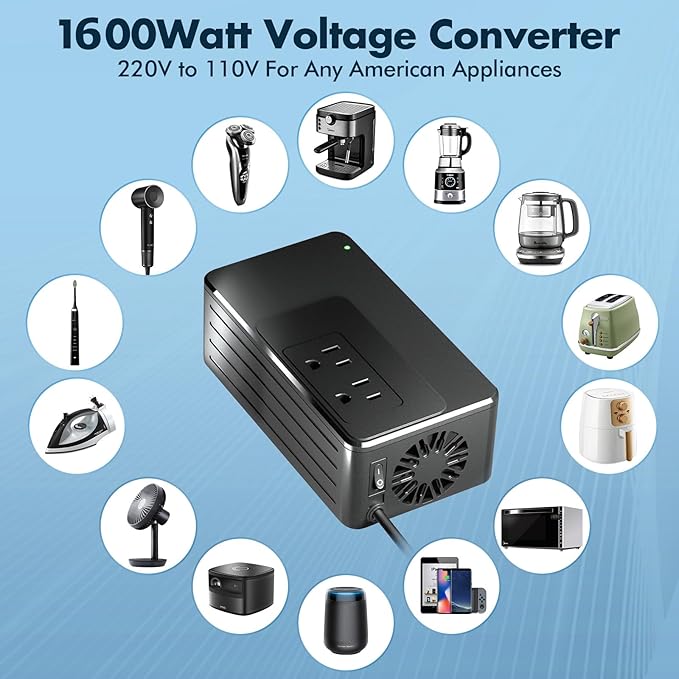 1600W Universal Travel Converter Step-Down 220V to 110V, Pure Sine Wave, for All American Appliances, Lightweight 2lbs