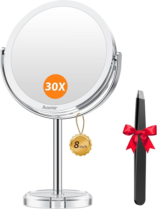 Auxmir 1X/ 30X Magnifying Mirror, Double Sided Makeup Mirror with Stand, Vanity Tabletop Mirror with Tweezer, 360° Rotation Portable for Dressing Table Desk Bathroom Bedroom Travel, 8 Inch