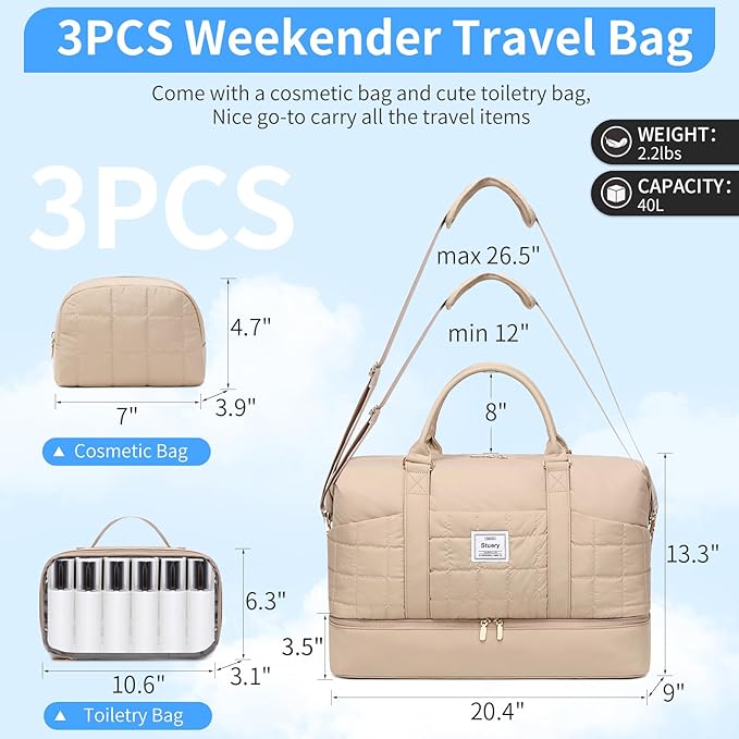 Weekender Bag, Large Travel Duffel Bag for Women, Carry on Overnight Bag with Shoe Compartment and Toiletry Bags