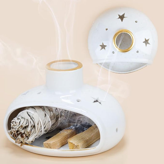 ZenBless 3 in 1 Incense Holder for Palo Santo Sticks Sage Incense, Handcrafted Ceramic Incense Burner Holder Ash Catcher with Chimney, Smudge Bowl for Yoga Meditation Room Home Decor