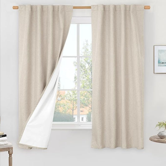 LAMIT Oatmeal 100% Blackout Linen Curtains, 63 Inches Linen Textured Thermal Bedroom Curtains Back Tab and Rod Pocket Neutral Panels with White Liner for Farmhouse, 2 Panels, 38 x 63 Inch