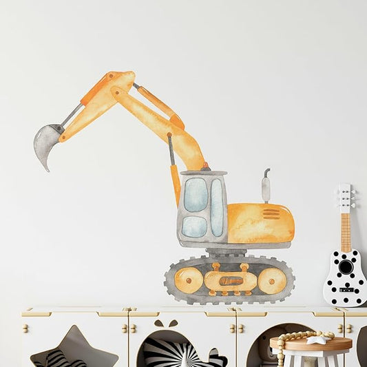 Construction Excavator Wall Decal for Boys Room, Construction Eqipment Peel Stick Removable Fabric Wall Sticker, Nursery or Playroom Decor, Repositionable (24 inch: 21" Tall x 24" Wide)