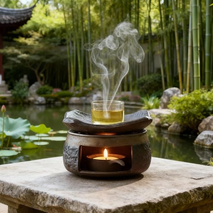 Ceramic Aromatherapy Stove Essential Oil Burner, Cedar and Zen Inspired Smudge Pot Oil Burner for Home Fragrance, Handmade Wax Melt Warmer, Meditation & Relaxation Décor, (2)