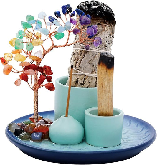 5 in 1 Incense Burner Holder with Crystal Tree for Burning Palo Santo Stick, Sage, Incense Sticks, Candle, Ceramic Tray Ash Catcher, Meditation Gift (Sky-Blue)