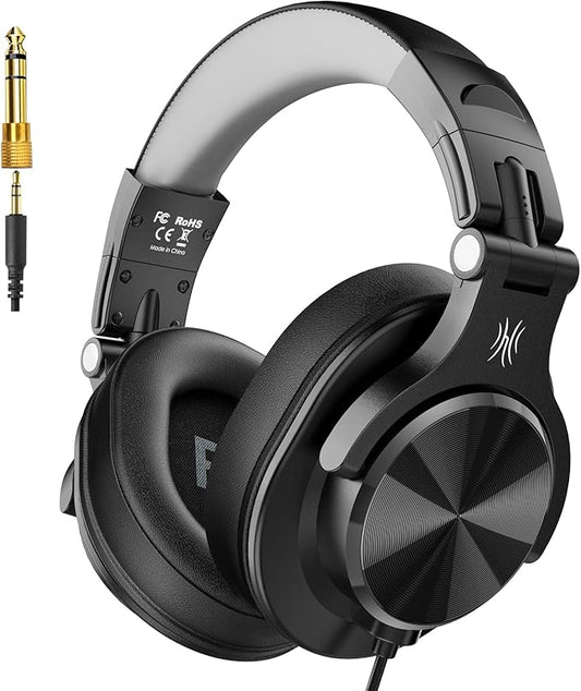 OneOdio A71D Wired Over-Ear Headphones, Studio Monitor Headsets, Hi-Res DJ Stereo Headphone with Foldable Design, 3.5/6.35MM Plug for AMP Recording Podcast Mixing PC Guitar - Black