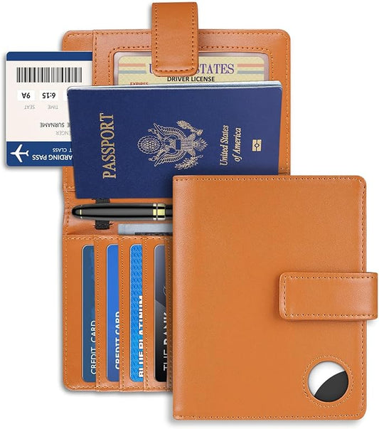 Passport Holder Wallet Cover Case for Women and Men,RFID Blocking,Passport Case with AirTag Holder,Travel Accessories (Brown)