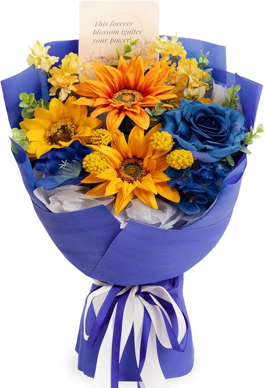 TINGE TIME Aritifical Flowers Bouquet, Sunflower&RoyalBlue Roses Gift Bouquet, Birthday Gifts for Women, Eternal Roses Bouquet for Grandma Wife Anniversary Graduation