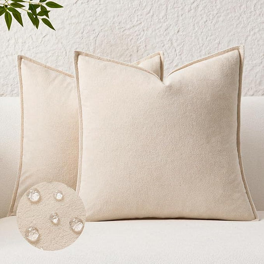 Kevin Textile Waterproof Decorative Pillow Covers Beige 16x16 Inch Pack of 2 Soft Boucle Textured Throw Pillowcases Elegant Accent Pillows for Couch Sofa Chair Bed Home Decor Indoor Outdoor