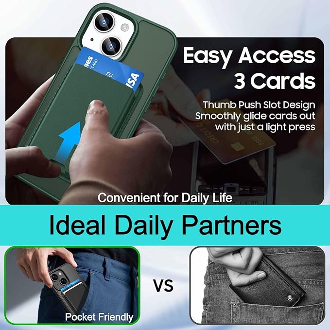 Ntwinro Magnetic for iPhone 15 Case (Compatible with MagSafe) with Detachable Wallet & Card Holder for 3 Cards [RFID Blocking] Military Grade Protective Slim Phone Cover, Green